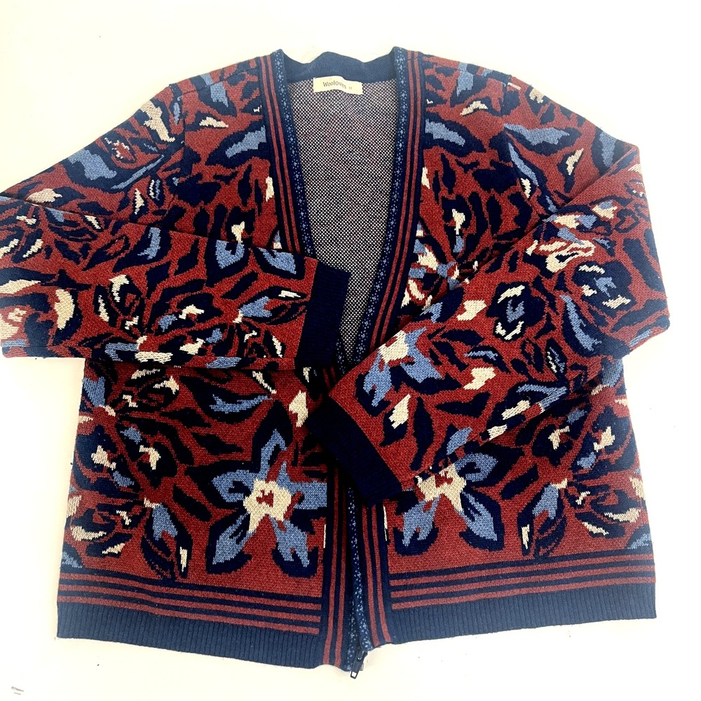 Woolovers Cardigan Sweater Womens Medium Blue Red Floral Full Zip‎ Wool Cotton - Picture 2 of 16